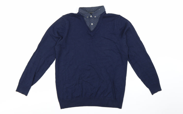 Next Men's Blue Medium V-Neck Cotton Blend Pullover Jumper
