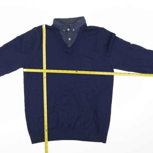 Next Men's Blue Medium V-Neck Cotton Blend Pullover Jumper
