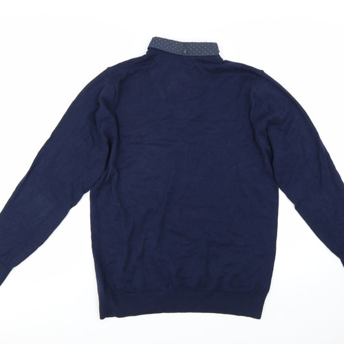 Next Men's Blue Medium V-Neck Cotton Blend Pullover Jumper