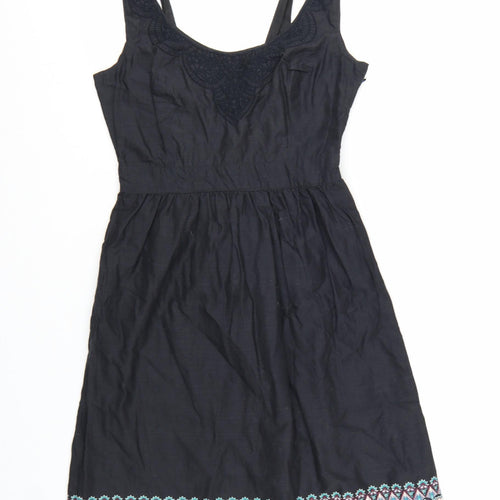 FatFace Women's Black Size 10 Sleeveless A-Line Cotton Embroidered Dress