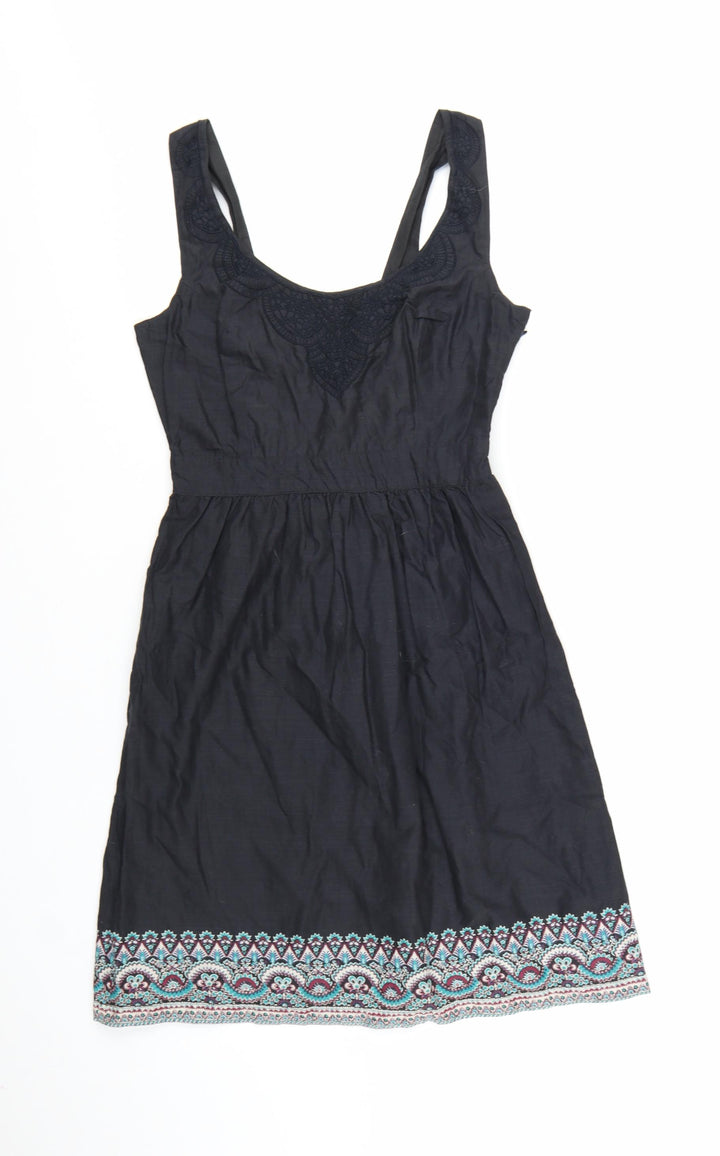 FatFace Women's Black Size 10 Sleeveless A-Line Cotton Embroidered Dress