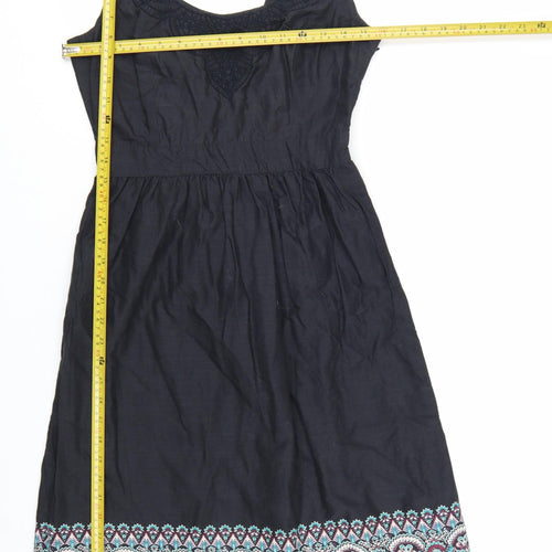 FatFace Women's Black Size 10 Sleeveless A-Line Cotton Embroidered Dress