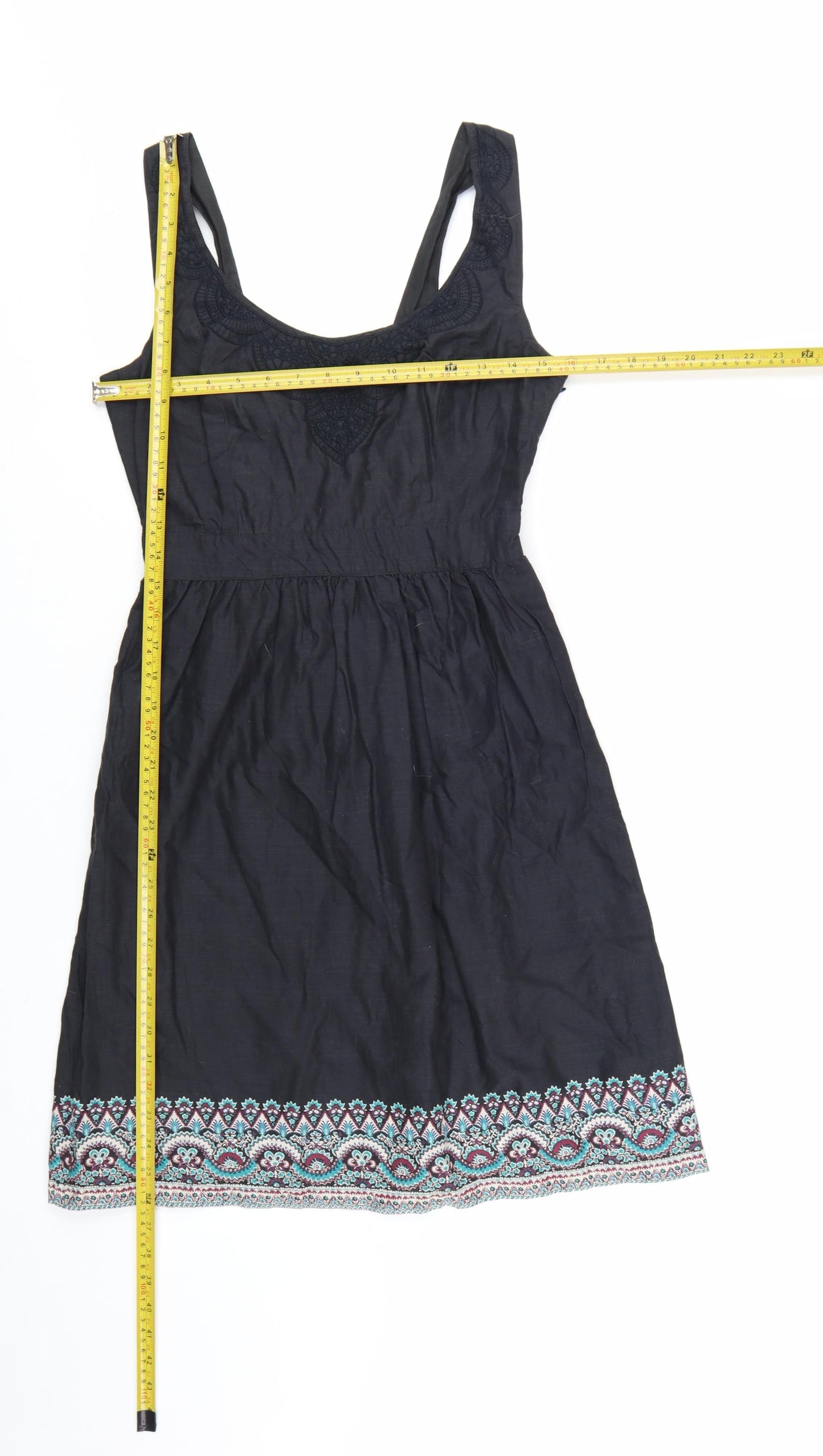 FatFace Women's Black Size 10 Sleeveless A-Line Cotton Embroidered Dress