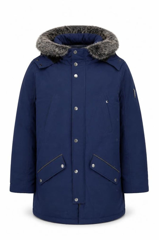 Guess Men's Blue XL Down Parka Coat with Faux Fur Hood