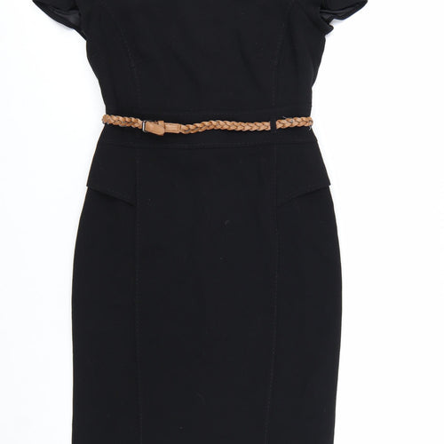 Marks and Spencer Women's Black Knee Length Sheath Dress UK 10 Short Sleeve Belted