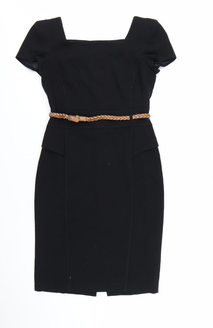 Marks and Spencer Women's Black Knee Length Sheath Dress UK 10 Short Sleeve Belted