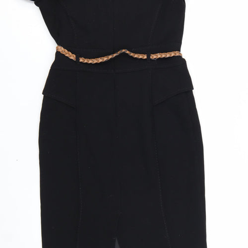 Marks and Spencer Women's Black Knee Length Sheath Dress UK 10 Short Sleeve Belted