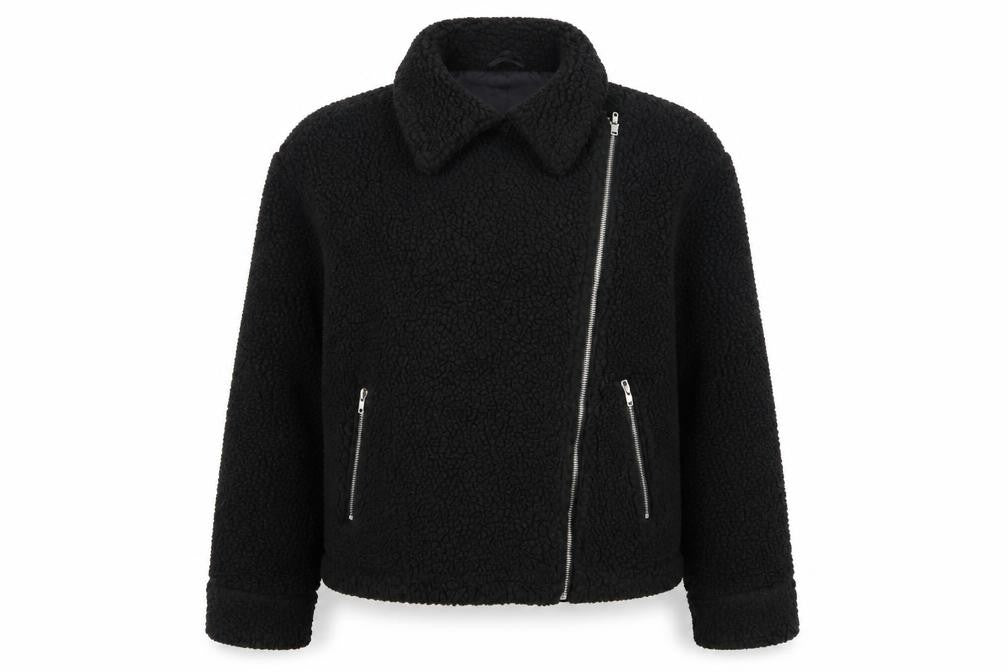 Front view of PRETTYLITTLETHING Women Black, size 10, Biker Fleece Zip Jacket