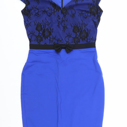 Paper Dolls Women Blue Lace Sheath Dress Size 8 Elegant V-Neck