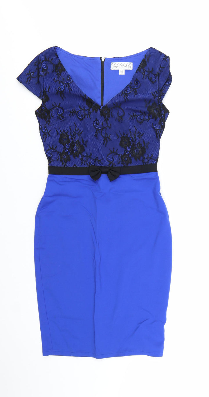 Paper Dolls Women Blue Lace Sheath Dress Size 8 Elegant V-Neck