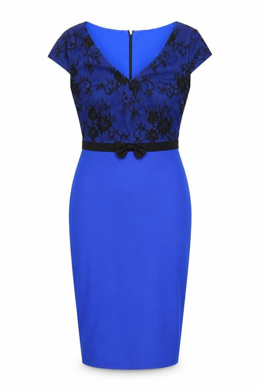 Front view of Paper Dolls Women Blue Lace Sheath Dress, size 8, Elegant V-Neck