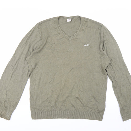 Hollister Men’s Green V-Neck Cotton Blend Pullover Jumper XL