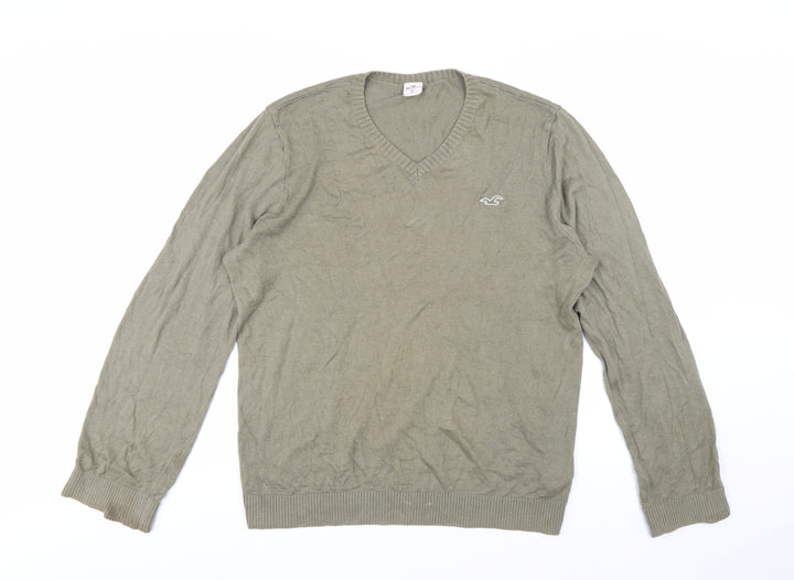 Hollister Men’s Green V-Neck Cotton Blend Pullover Jumper XL