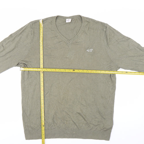 Hollister Men’s Green V-Neck Cotton Blend Pullover Jumper XL