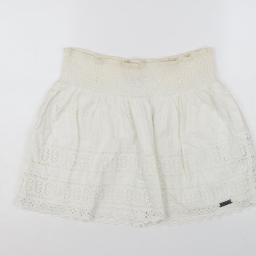 Superdry Women Ivory Cotton A-Line Broderie Short Skirt M