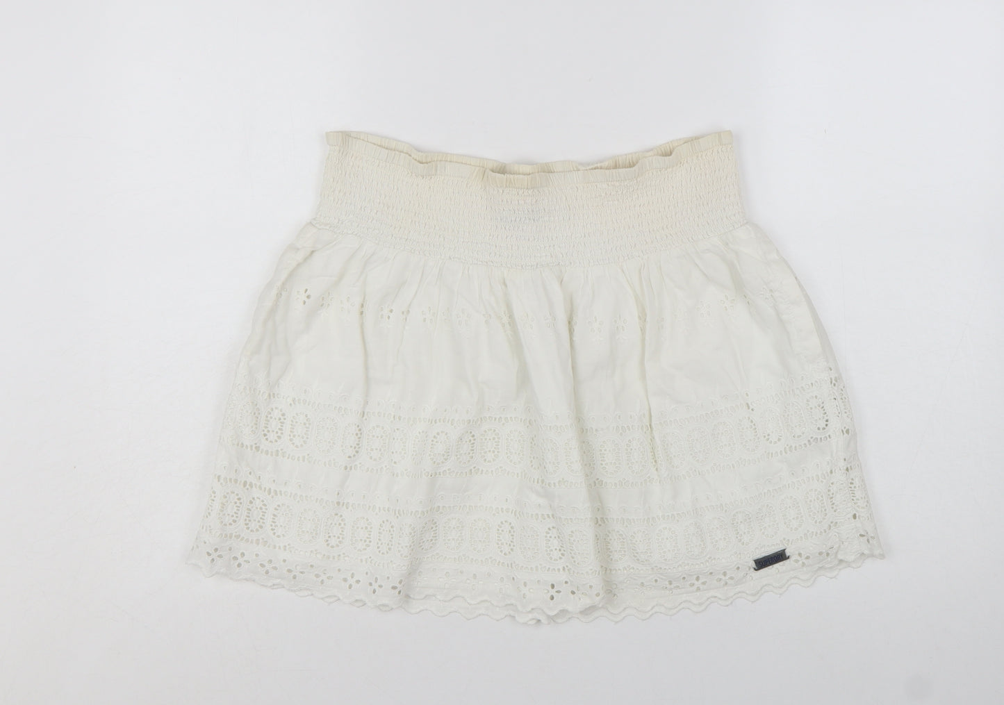 Superdry Women Ivory Cotton A-Line Broderie Short Skirt M