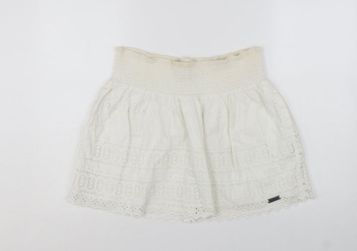 Superdry Women Ivory Cotton A-Line Broderie Short Skirt M