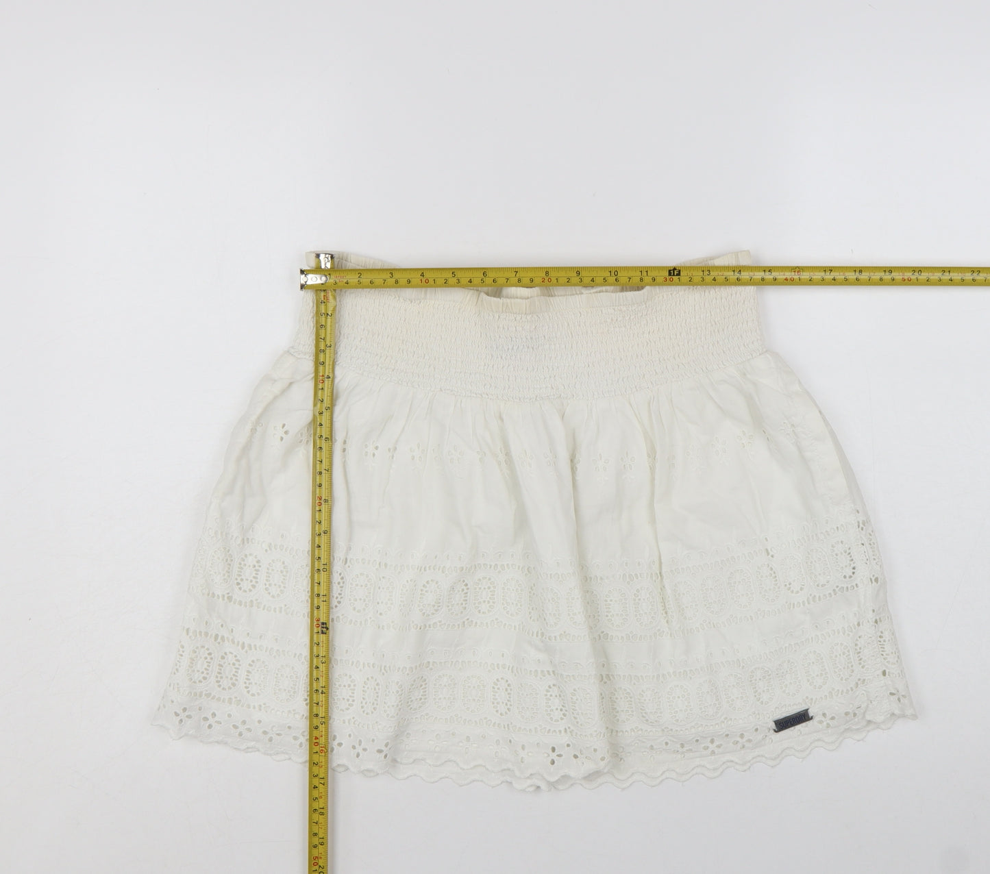 Superdry Women Ivory Cotton A-Line Broderie Short Skirt M