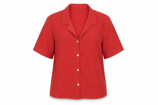 Front view of Berkertex Women Red Short Sleeve Collared Button Blouse, size 14