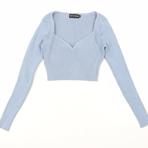 PrettyLittleThing Womens Blue Cropped Knit Long Sleeve Top Size S
