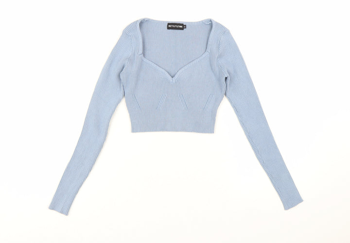 PrettyLittleThing Womens Blue Cropped Knit Long Sleeve Top Size S