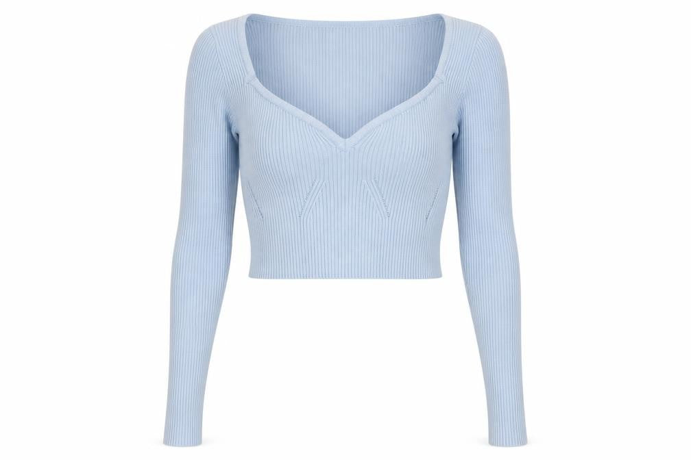 Front view of PRETTYLITTLETHING women’s blue cropped knit long sleeve top, size S