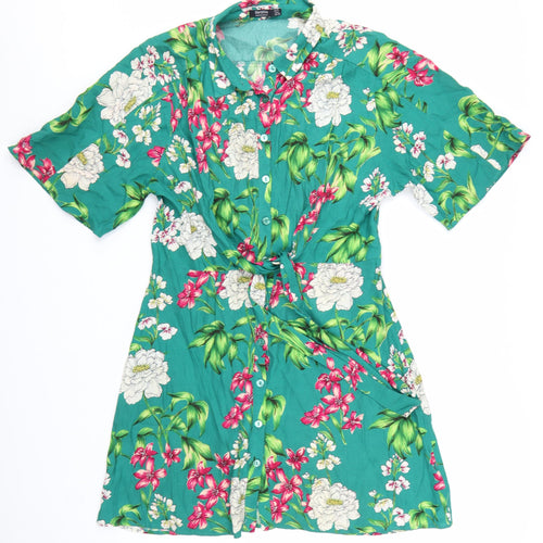 Bershka Women’s Green Floral Shirt Dress Size 12 Short Sleeve