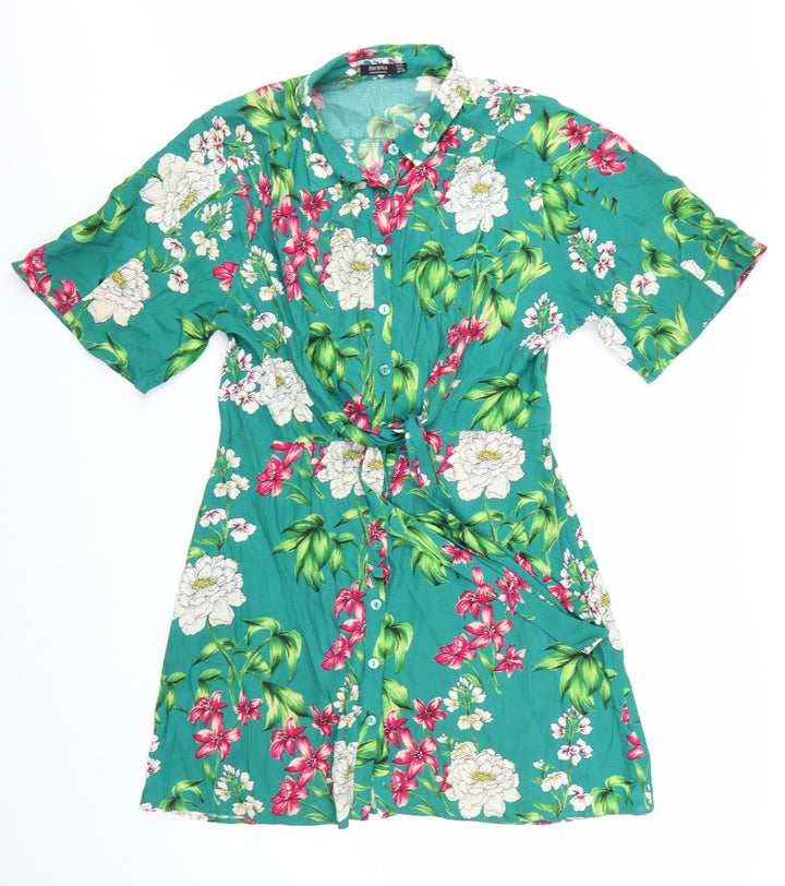 Bershka Women’s Green Floral Shirt Dress Size 12 Short Sleeve
