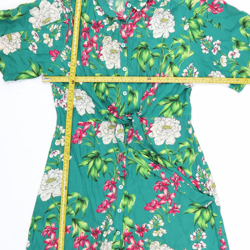 Bershka Women’s Green Floral Shirt Dress Size 12 Short Sleeve