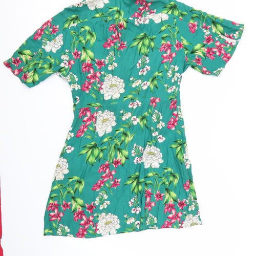 Bershka Women’s Green Floral Shirt Dress Size 12 Short Sleeve