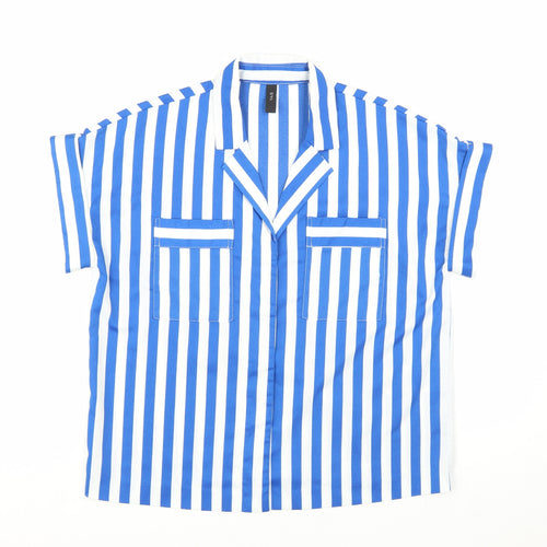 Y.A.S Womens Blue White Striped Collared Short Sleeve Button-Up Shirt Size 10