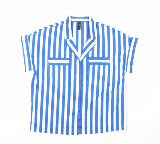 Y.A.S Womens Blue White Striped Collared Short Sleeve Button-Up Shirt Size 10