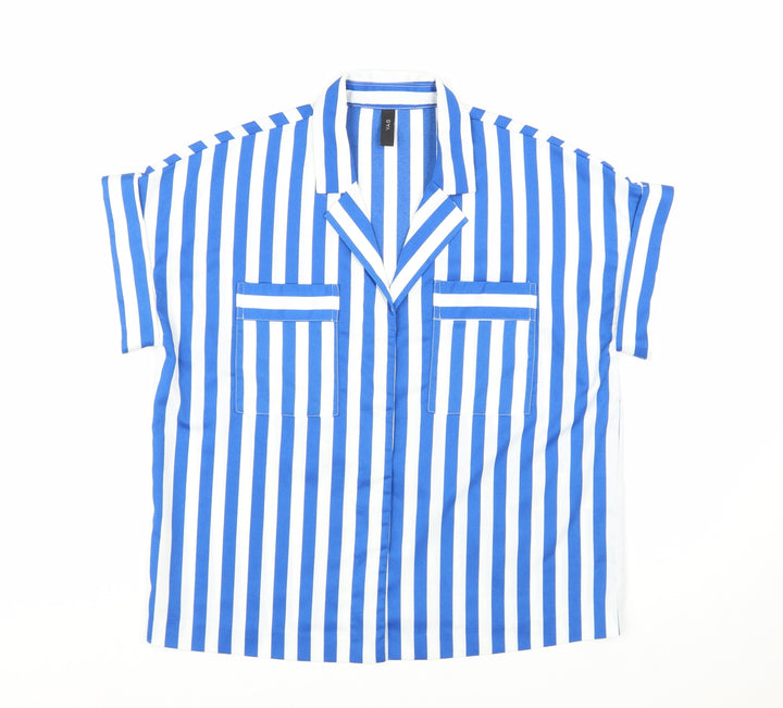 Y.A.S Womens Blue White Striped Collared Short Sleeve Button-Up Shirt Size 10