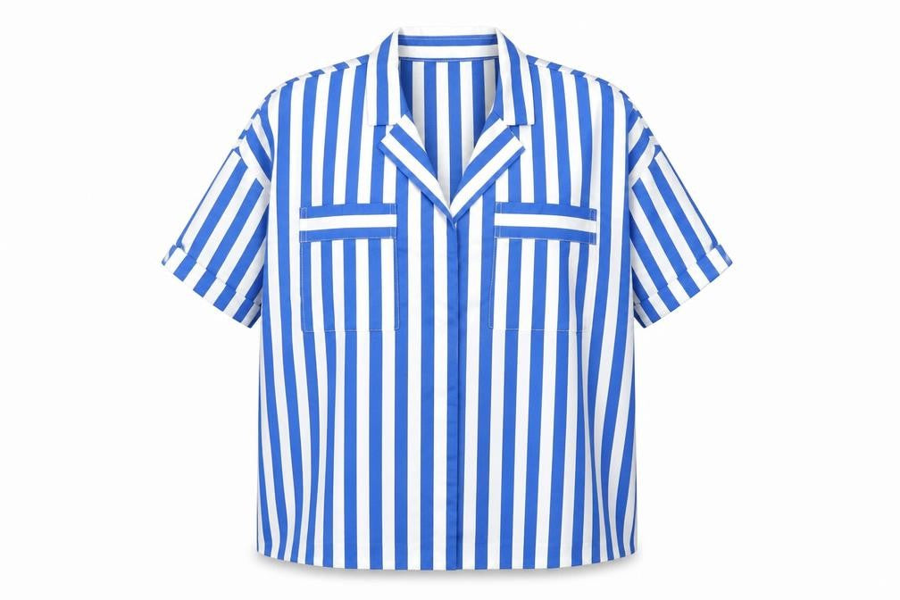 Front view of Y.A.S women’s blue white striped collared short sleeve button-up shirt, size UK 10