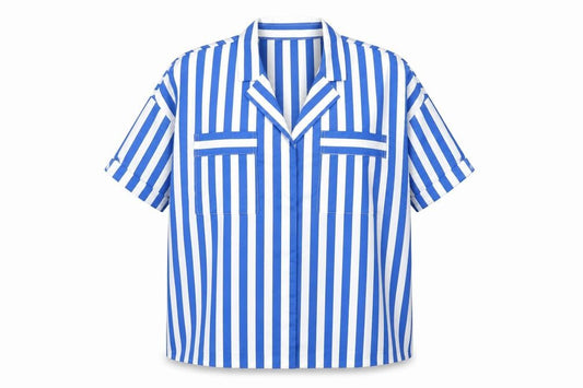 Front view of Y.A.S women’s blue white striped collared short sleeve button-up shirt, size UK 10