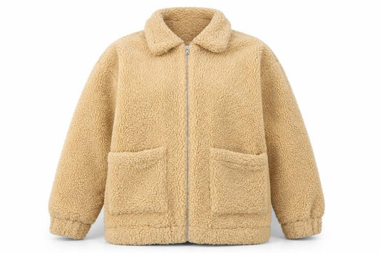 Front view of I.AM.GIA women’s beige teddy fleece zip jacket, size M