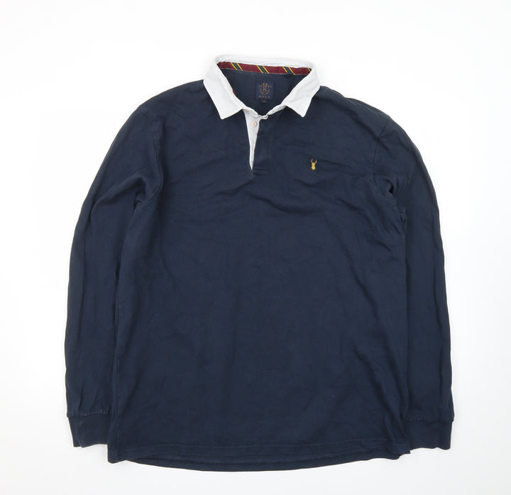 Next Men's Navy Long Sleeve Polo Shirt XL 100% Cotton Elbow Patch