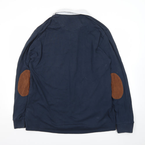 Next Men's Navy Long Sleeve Polo Shirt XL 100% Cotton Elbow Patch