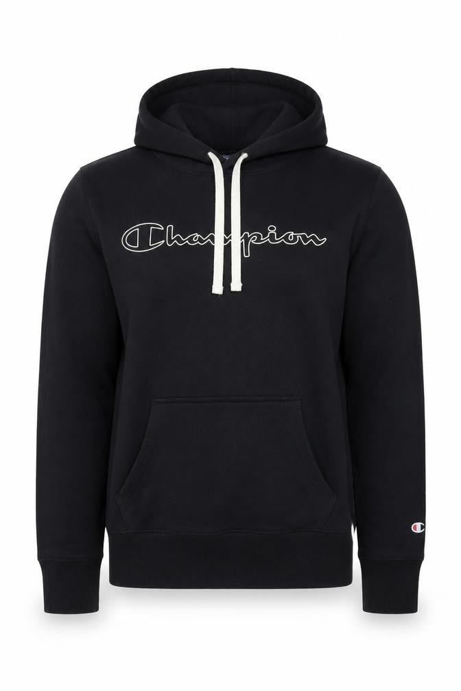 Front view of Champion Men's Black Medium Pullover Hoodie with Logo