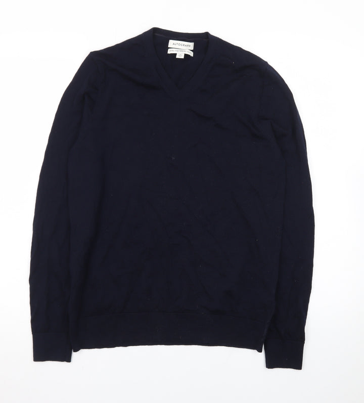 Marks and Spencer Men’s Blue Merino Wool V-Neck Jumper M