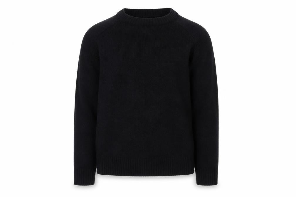 Front view of William Hunt Men's Black Wool Crew Neck jumper, size L