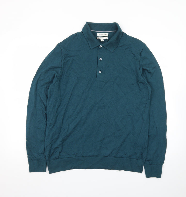 Marks and Spencer Autograph Men's Green XL Merino Wool Long Sleeve Polo