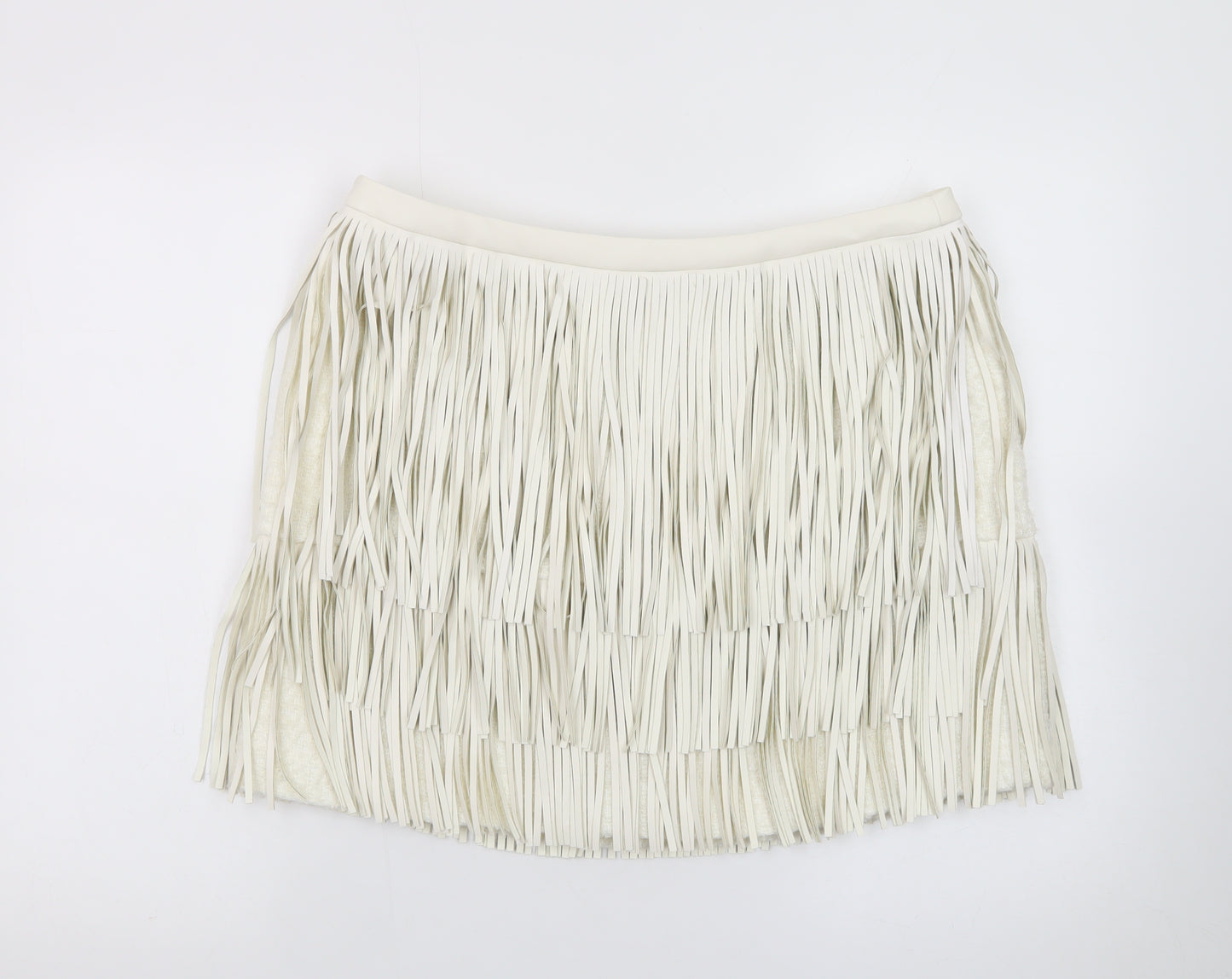 Marks and Spencer Womens Ivory Faux Leather Fringe Mini Skirt Size 16
