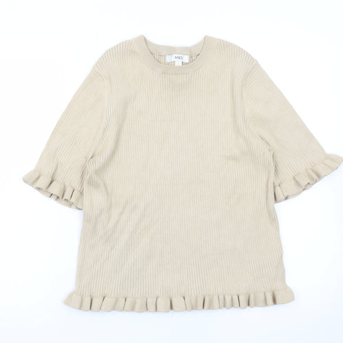 Marks and Spencer Women Beige Ruffle Knit Short Sleeve Jumper L