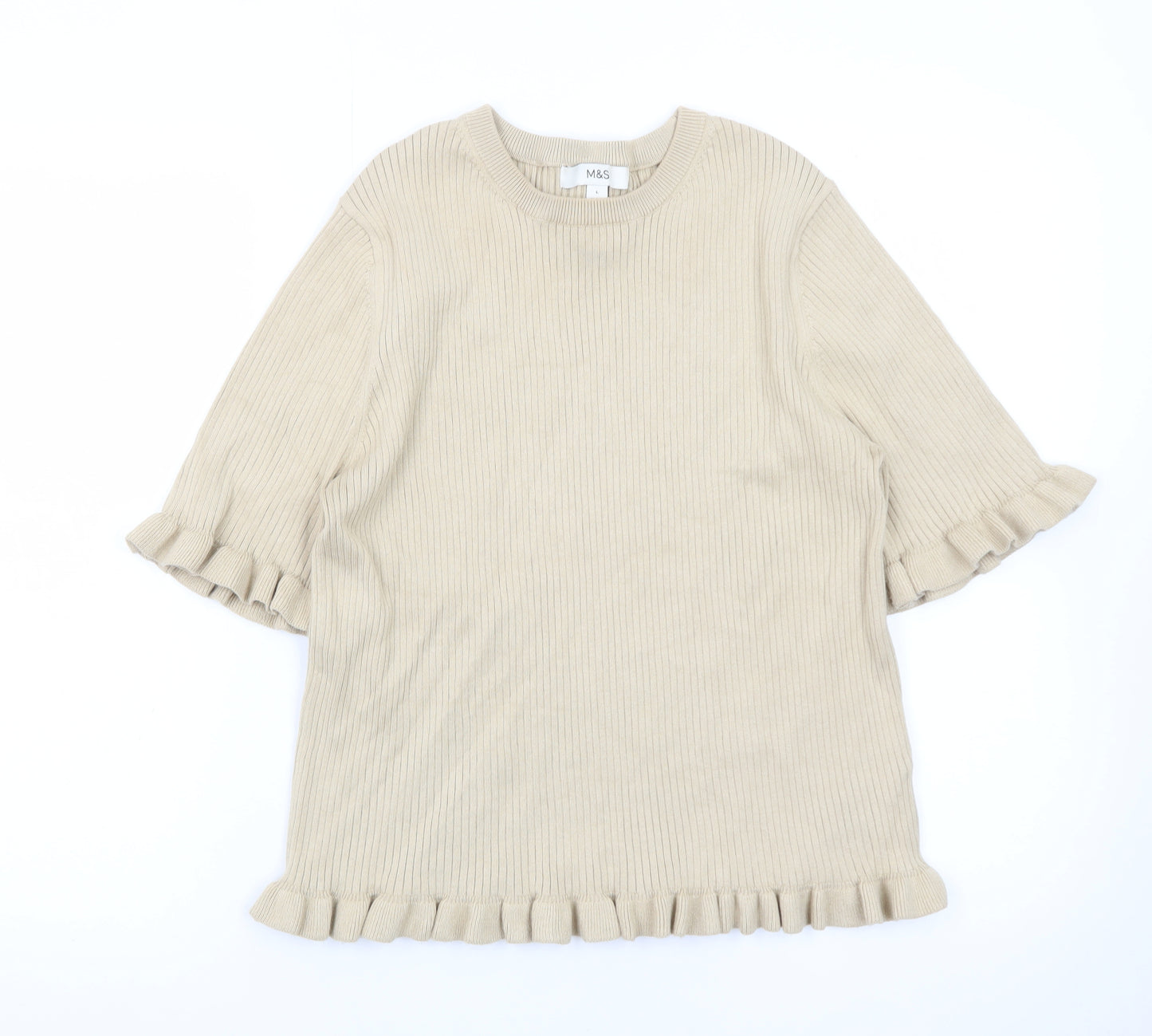 Marks and Spencer Women Beige Ruffle Knit Short Sleeve Jumper L