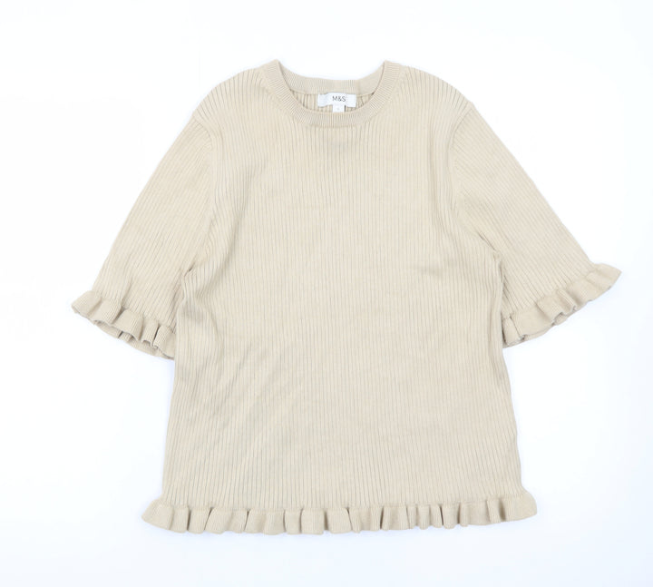 Marks and Spencer Women Beige Ruffle Knit Short Sleeve Jumper L