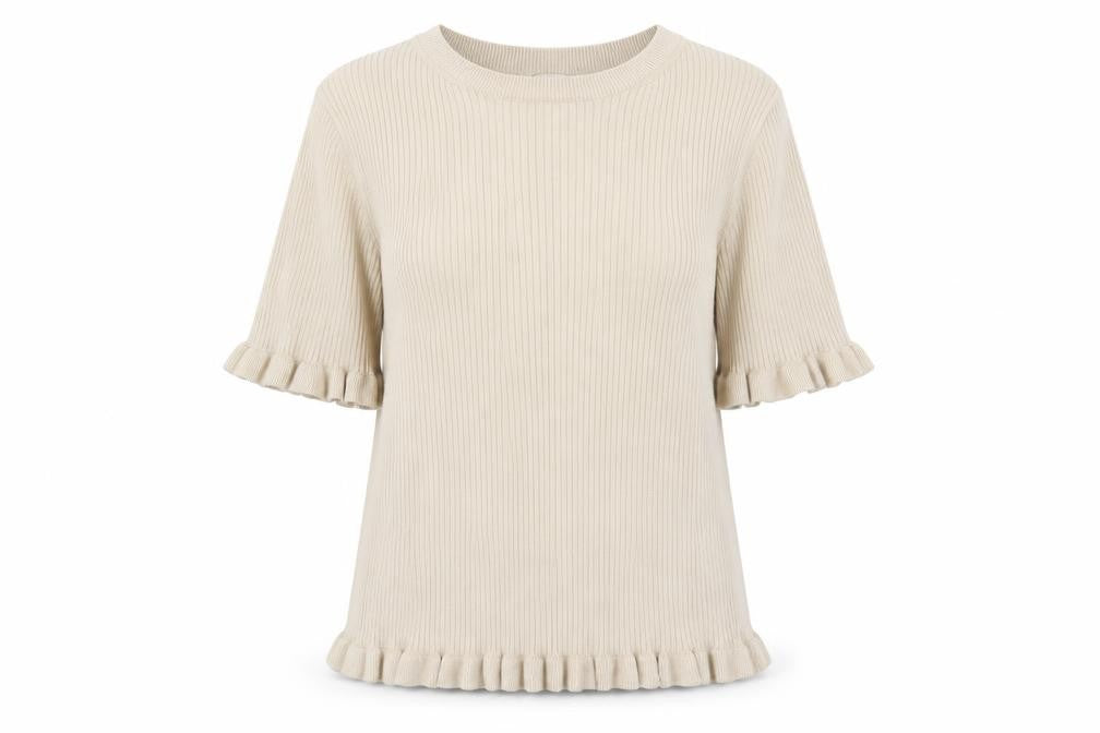 Marks and Spencer Women Beige Ruffle Knit Short Sleeve Jumper L