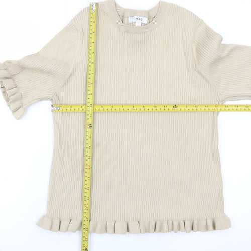 Marks and Spencer Women Beige Ruffle Knit Short Sleeve Jumper L