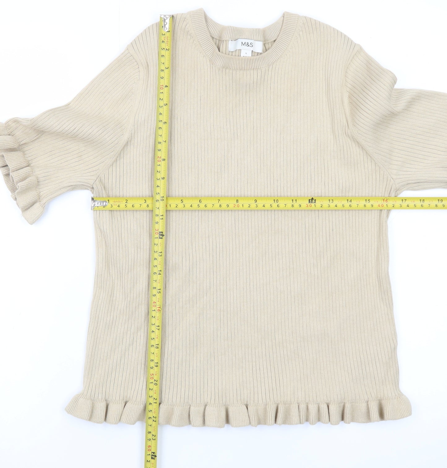 Marks and Spencer Women Beige Ruffle Knit Short Sleeve Jumper L