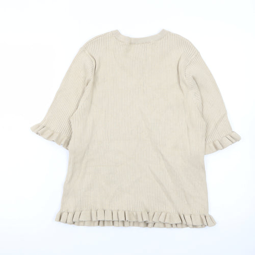 Marks and Spencer Women Beige Ruffle Knit Short Sleeve Jumper L